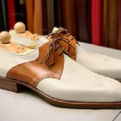 New handmade oxford  shoes, men's tan brown & white dress shoes - Thumbnail 4