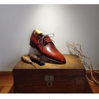 New Handmade Men's Burgundy Leather Side Lace Up Shoes - Thumbnail 4