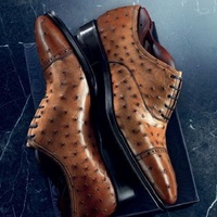 New Men Handmade Brown Leather Ostrich Cap Toe Lace Up Shoes for Men's - Thumbnail 1