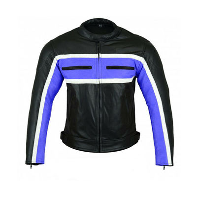 Men black blue contrast biker white stripes genuine leather safety pads jacket