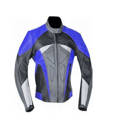 Men Black & Blue Contrast Motor Biker Custom Genuine Leather Safety Pads Jacket