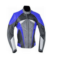 Men Black & Blue Contrast Motor Biker Custom Genuine Leather Safety Pads Jacket - Thumbnail 4