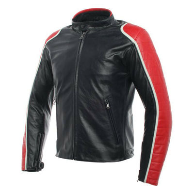 Men black red cont motorcycle white striped genuine leather safety pads jacket