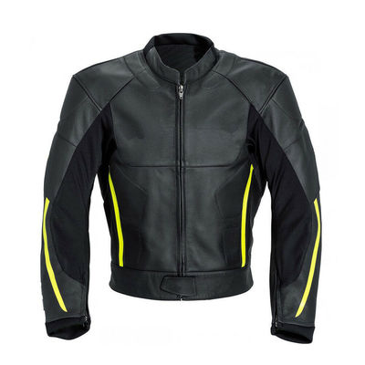 Men black motor biker yellow stripes genuine cowhide leather safety pads jacket