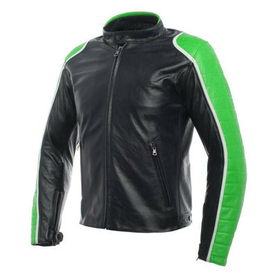 Men black motorbike green quilted arms white striped leather safety pads jacket