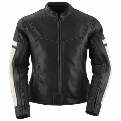 Men Black Motor Bike White Striped Front Zip Genuine Leather Safety Pads jacket