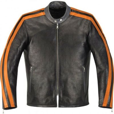 Men Black Motor Cycle Orange Stripes Custom Genuine Leather Safety Pads Jacket