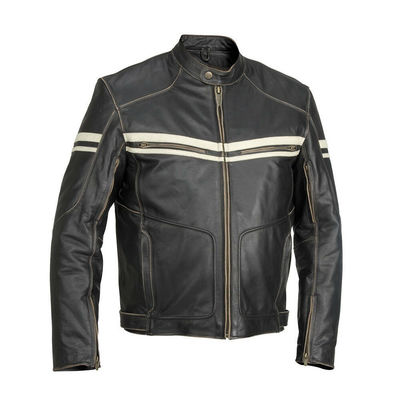Men Black Motor Biker White Stripes Genuine Cowhide Leather Safety Pads Jacket