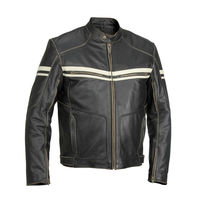 Men Black Motor Biker White Stripes Genuine Cowhide Leather Safety Pads Jacket - Thumbnail 4