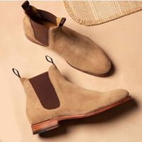 New Handmade Men Chelsea Boots, Ankle High Suede Boots, Beige Suede Boots - Thumbnail 1