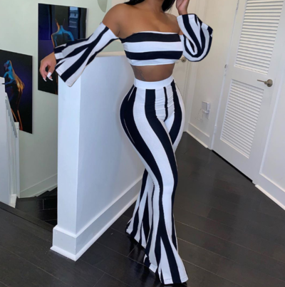 Women'S Long Sleeve Striped Two-Piece Suit