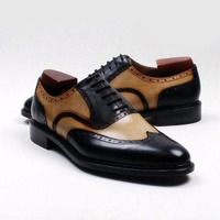 Men's Black & Beige Wing Tip Leather Dress Formal Shoes  - Thumbnail 1