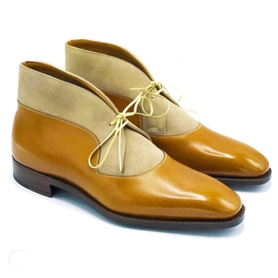 Men's tan & beige boot dress leather suede half ankle lace up boot - Thumbnail 2