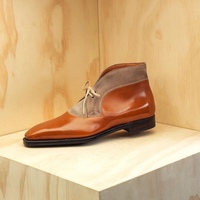 Men's Tan & Beige Boot Dress Leather Suede Half Ankle Lace Up Boot - Thumbnail 3