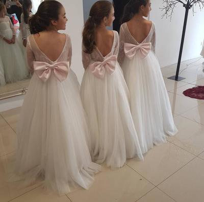 Cute Long Sleeves Ivory Tulle Flower Girl Dresses for Wedding