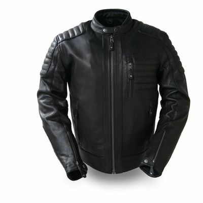 Men black motorbike front zipper sleeves zipped real leather safety pads jacket