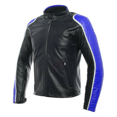 Men black motorbike blue quilted arm white strip real leather safety pads jacket