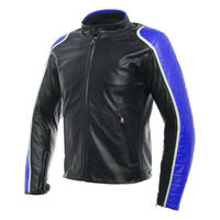 Men Black Motorbike Blue Quilted Arm White Strip Real Leather Safety Pads jacket - Thumbnail 4