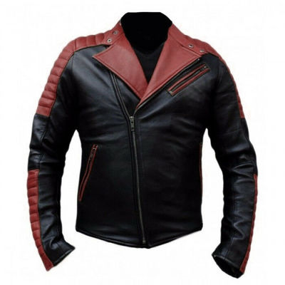Men black maroon contrast motorcycle quilted brando style genuine leather jacket - Thumbnail 2