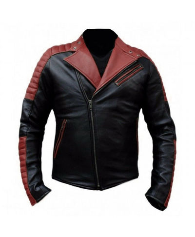 Men Black Maroon Contrast Motorcycle Quilted Brando Style Genuine Leather Jacket