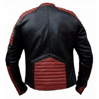 Men Black Maroon Contrast Motorcycle Quilted Brando Style Genuine Leather Jacket - Thumbnail 1