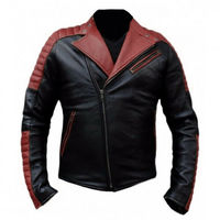 Men Black Maroon Contrast Motorcycle Quilted Brando Style Genuine Leather Jacket - Thumbnail 4
