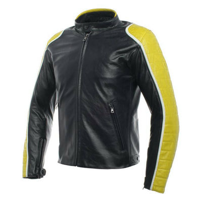 Men black motorbike yellow quilted arms white striped leather safety pads jacket