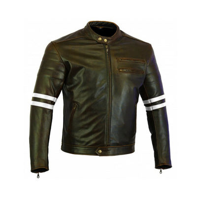 Men Black Motor Biker White Stripes Genuine Cowhide Leather Safety Pads Jacket