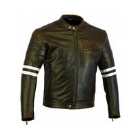 Men Black Motor Biker White Stripes Genuine Cowhide Leather Safety Pads Jacket - Thumbnail 2
