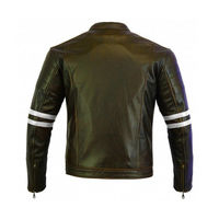 Men Black Motor Biker White Stripes Genuine Cowhide Leather Safety Pads Jacket - Thumbnail 4