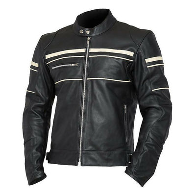 Handmade Men Black Color Motorcycle White Stripe Real Leather Safety Pads jacket