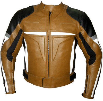 Men Black Brown White Contrast Motor Cycle Genuine Leather Safety Pads Jacket