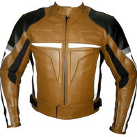 Men Black Brown White Contrast Motor Cycle Genuine Leather Safety Pads Jacket - Thumbnail 4