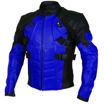 Handmade men black blue cont men motor bike genuine leather safety pads jacket - Thumbnail 4