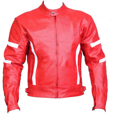 Hand made red motor cycle white stripes genuine real leather safety pads jacket - Thumbnail 2