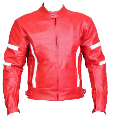 Hand Made Red Motor Cycle White Stripes Genuine Real Leather Safety Pads Jacket