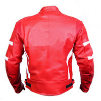 Hand Made Red Motor Cycle White Stripes Genuine Real Leather Safety Pads Jacket - Thumbnail 1