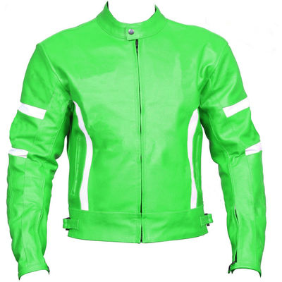 Hand made men green motor cycle white stripes genuine leather safety pads jacket