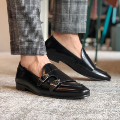 Handmade men's black double monk strap casual wearing shoes, real leather shoes - Thumbnail 2