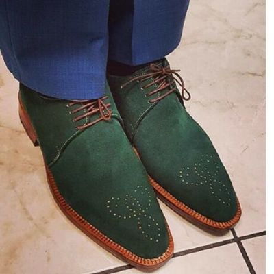 Handmade men's green brogue derby round toe dress shoes, real suede office shoes - Thumbnail 3
