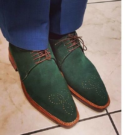 Handmade Men's Green Brogue Derby Round Toe Dress Shoes, Real Suede Office Shoes