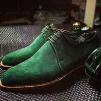 Handmade Men's Green Brogue Derby Round Toe Dress Shoes, Real Suede Office Shoes - Thumbnail 1