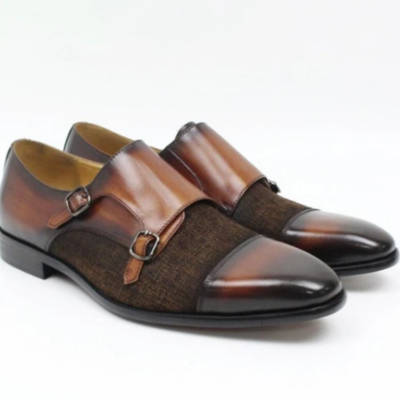 Handmade men burnished brown double monk strap dress shoes, real leather, tweed - Thumbnail 4