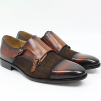 Handmade Men Burnished Brown Double Monk Strap Dress Shoes, Real Leather, Tweed - Thumbnail 4