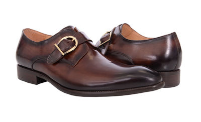 Carrucci Chestnut Brown Burnished Toe Single Monk Strap Leather Dress Shoes