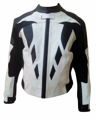 Hand Made Men Black White Cont Motorbike Genuine Real Leather Safety Pads jacket