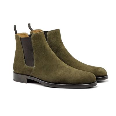 Handmade men olive green suede chelsea round toe dress boots, real suede office boots - Thumbnail 4