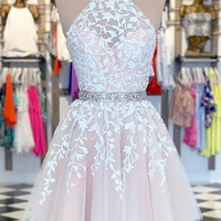 Cute A Line Halter Pink Homecoming Dress with Appliques - Thumbnail 1