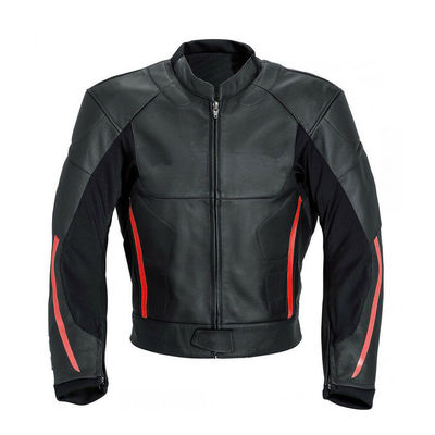 Hand made men black motor biker red stripes genuine leather safety pads jacket - Thumbnail 3