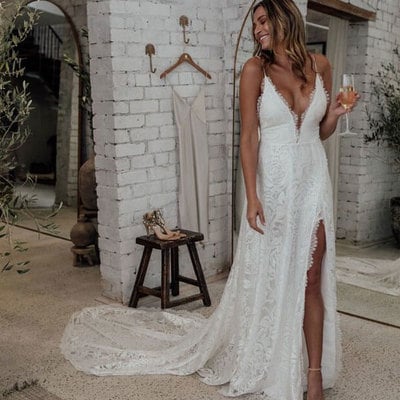 Spaghetti straps slit side wedding dresses bridal gown - Thumbnail 3